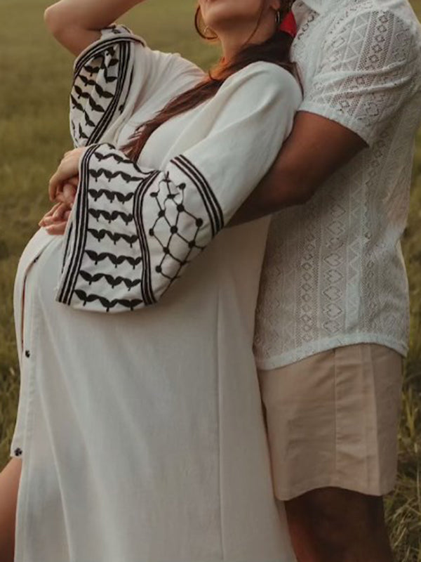 Mumsmode Zwangerschaps Maxi Fotoshoot Jurk Geometrisch Zijsplit Gedrapeerd Wit
