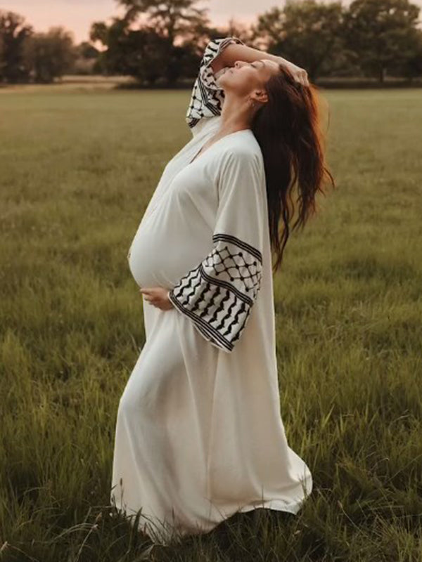 Mumsmode Zwangerschaps Maxi Fotoshoot Jurk Geometrisch Zijsplit Gedrapeerd Wit