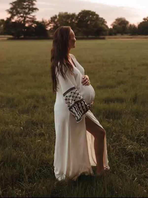 Mumsmode Zwangerschaps Maxi Fotoshoot Jurk Geometrisch Zijsplit Gedrapeerd Wit