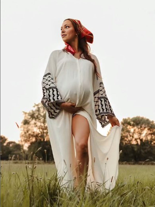 Mumsmode Zwangerschaps Maxi Fotoshoot Jurk Geometrisch Zijsplit Gedrapeerd Wit