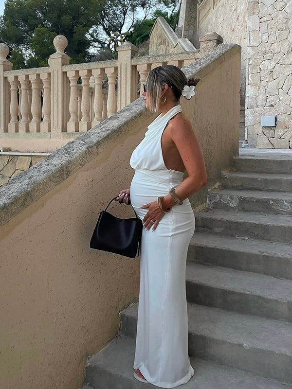Mumsmode Zwangerchaps Maxijurk Gekreukt Rugloos Elegant Diner Cocktailv Wit
