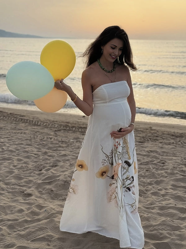 Mumsmode Zwangerchaps Maxijurk Bloemenprint Off Shoulder Bandeau schat meisje Fotoshoot Wit