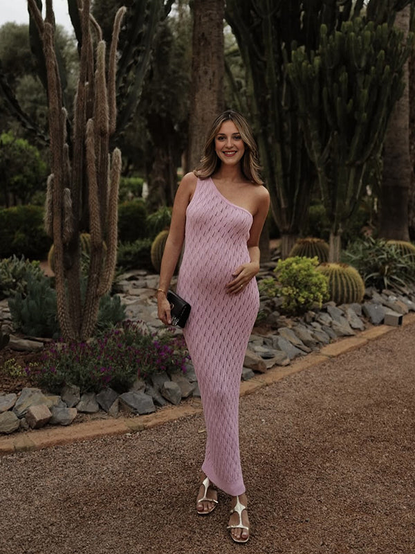 Mumsmode Zwangerchaps Maxijurk Een Open Schouder Uithollen Elegant Vakantie Roze