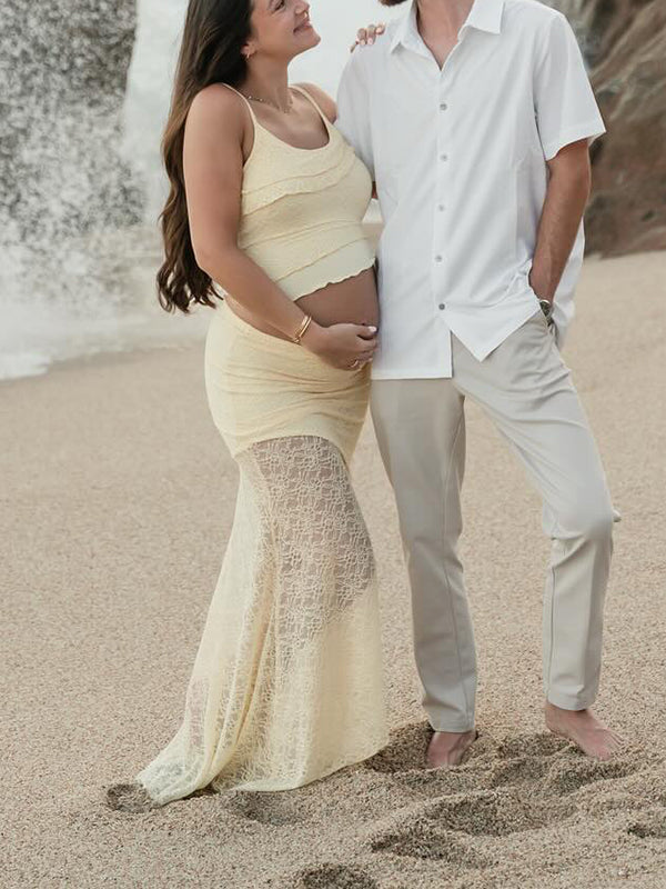 Mumsmode Zwangerschaps Maxi Fotoshoot Jurk 2-in-1 Kanten Onregelmatig Zeemeermin Geel