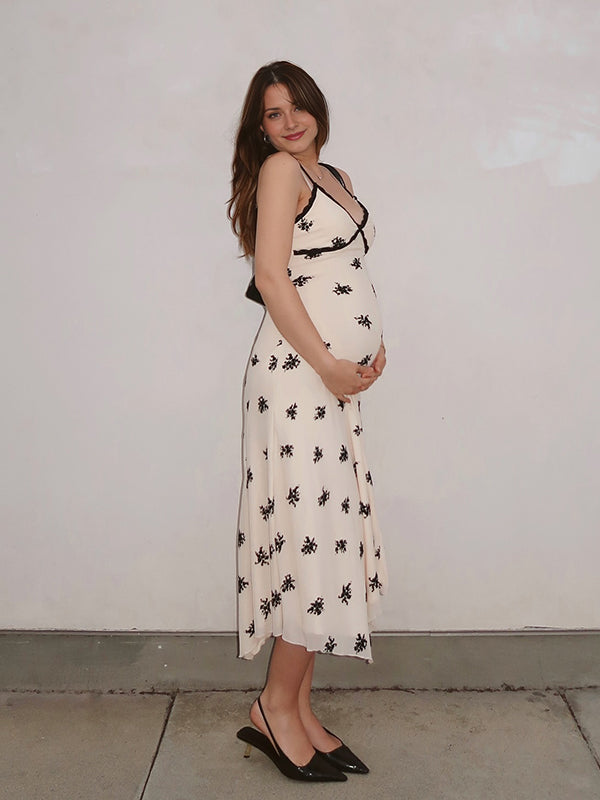 Mumsmode Zwangerschaps Maxi Jurk Elegant Bloemenprint Kanten Onregelmatig Wit