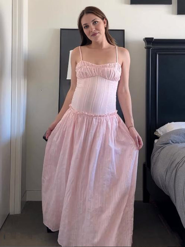 Mumsmode Zwangerschaps Maxi Jurk Chique Ruches Bandeau Gedrapeerd Spaghetti Roze