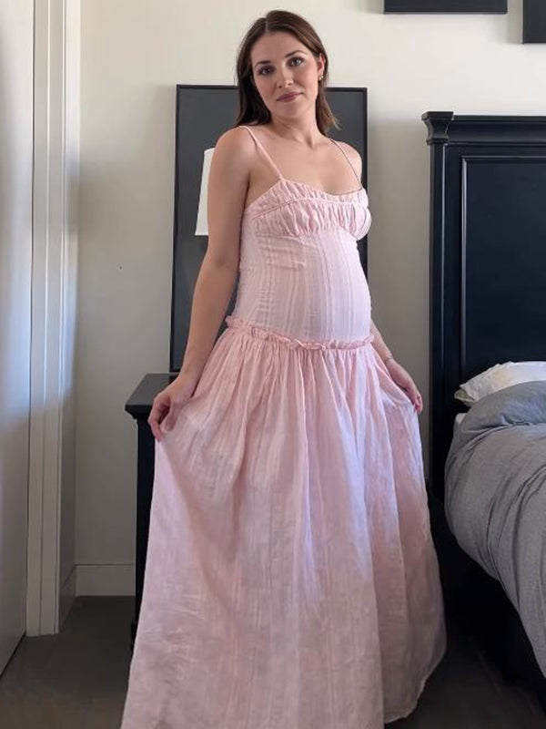 Mumsmode Zwangerschaps Maxi Jurk Chique Ruches Bandeau Gedrapeerd Spaghetti Roze