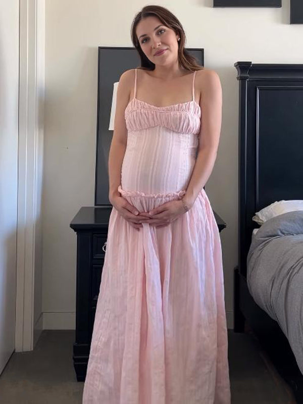 Mumsmode Zwangerschaps Maxi Jurk Chique Ruches Bandeau Gedrapeerd Spaghetti Roze
