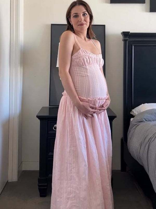 Mumsmode Zwangerschaps Maxi Jurk Chique Ruches Bandeau Gedrapeerd Spaghetti Roze
