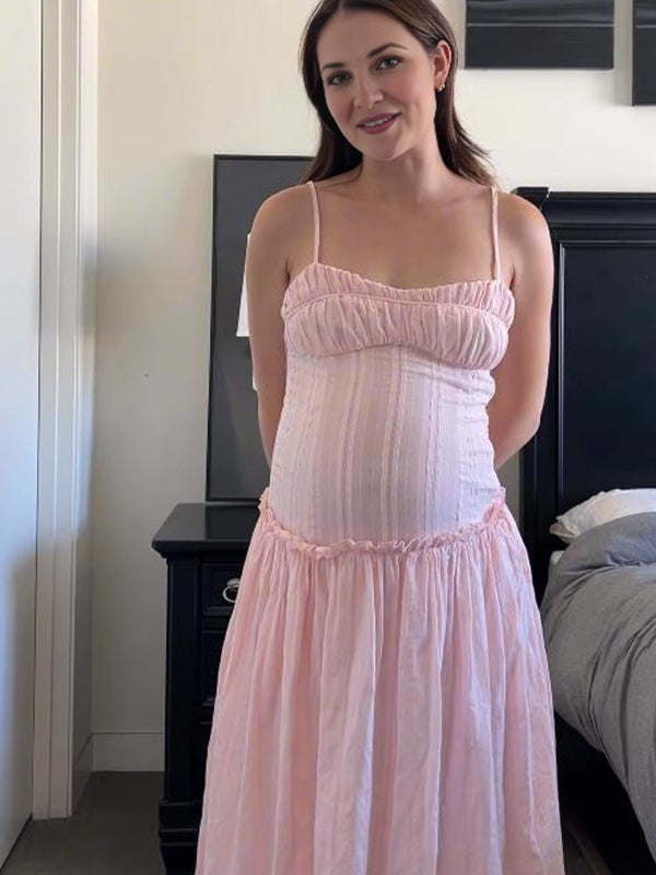 Mumsmode Zwangerschaps Maxi Jurk Chique Ruches Bandeau Gedrapeerd Spaghetti Roze