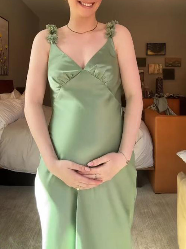 Mumsmode Zwangerschaps Maxi Jurk Elegant 3D Bloemen Spaghetti Rugloos Militair Groen