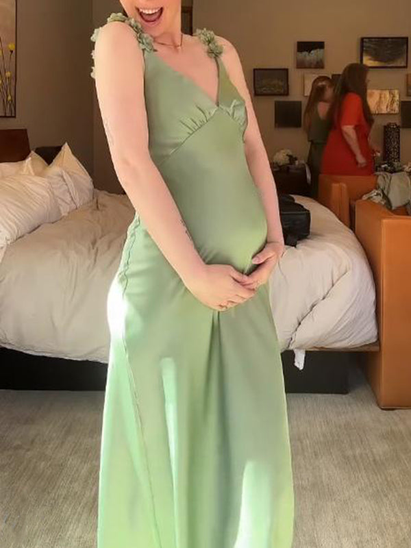 Mumsmode Zwangerschaps Maxi Jurk Elegant 3D Bloemen Spaghetti Rugloos Militair Groen