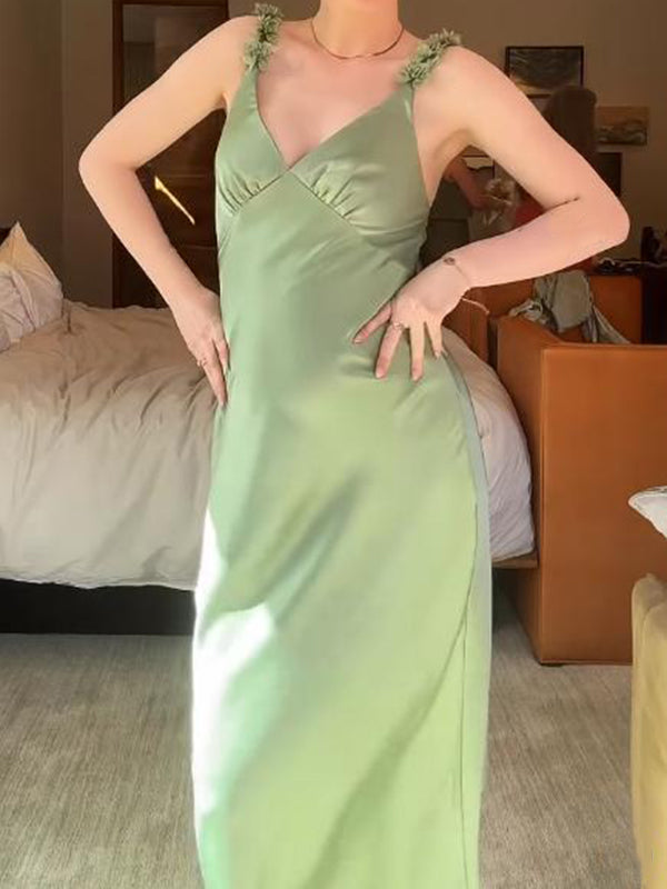 Mumsmode Zwangerschaps Maxi Jurk Elegant 3D Bloemen Spaghetti Rugloos Militair Groen