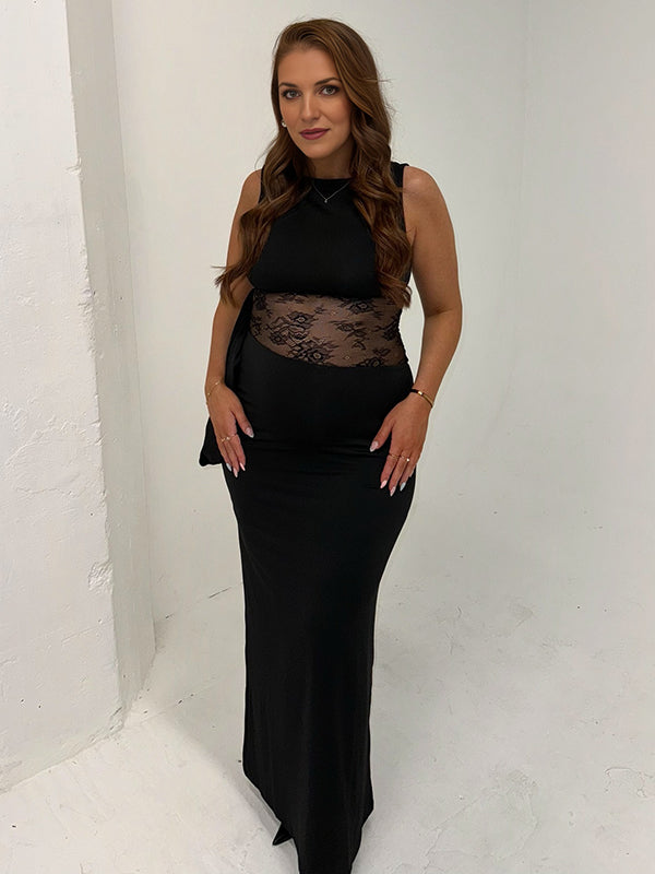 Mumsmode Zwangerschaps Maxi Bodycon Jurk Cocktail Kanten Patchwork Zwart