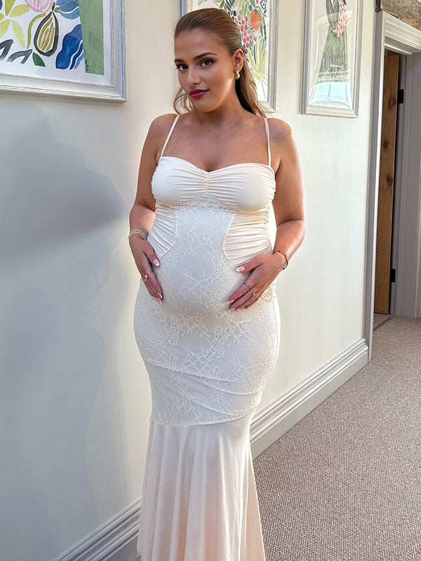 Mumsmode Zwangerschaps Maxi Bodycon Jurk Cocktail Kanten Zeemeermin Spaghetti Abrikoos