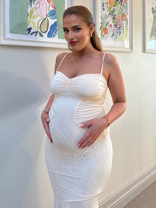 Mumsmode Zwangerschaps Maxi Bodycon Jurk Cocktail Kanten Zeemeermin Spaghetti Abrikoos