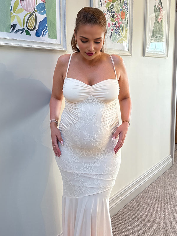 Mumsmode Zwangerschaps Maxi Bodycon Jurk Cocktail Kanten Zeemeermin Spaghetti Abrikoos