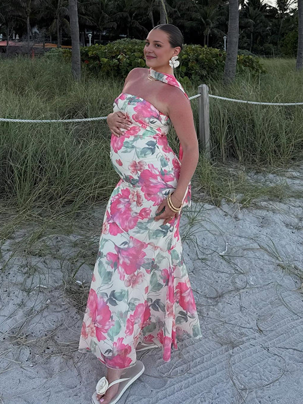 Mumsmode Zwangerschaps Maxi Jurk Vakantie Bloemenprint Zeemeermin Lintje Abrikoos