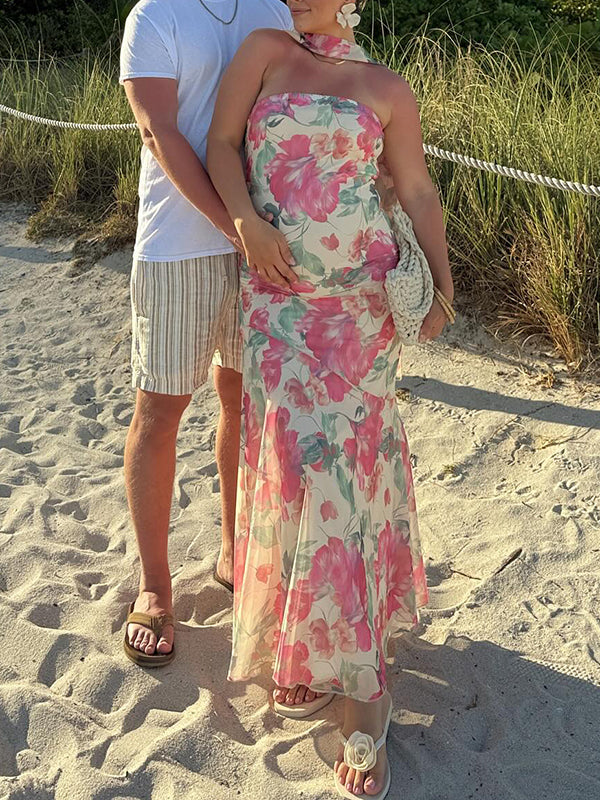 Mumsmode Zwangerschaps Maxi Jurk Vakantie Bloemenprint Zeemeermin Lintje Abrikoos