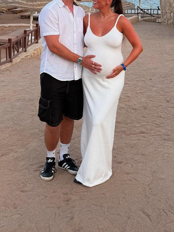 Mumsmode Zwangerschaps Maxi Jurk Kabelbreiwerk Spaghetti Rugloos Bodycon Wit