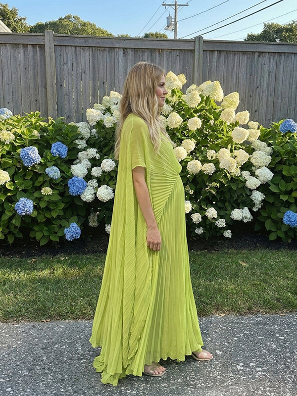 Groene Zwangerschaps Maxi Jurk Geplooid Gedrapeerd Rugloos Strikdetail