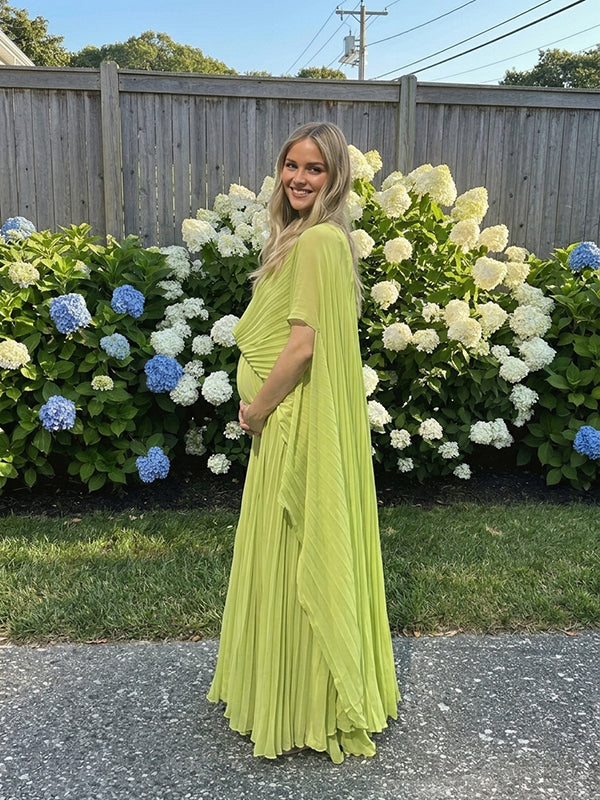 Groene Zwangerschaps Maxi Jurk Geplooid Gedrapeerd Rugloos Strikdetail