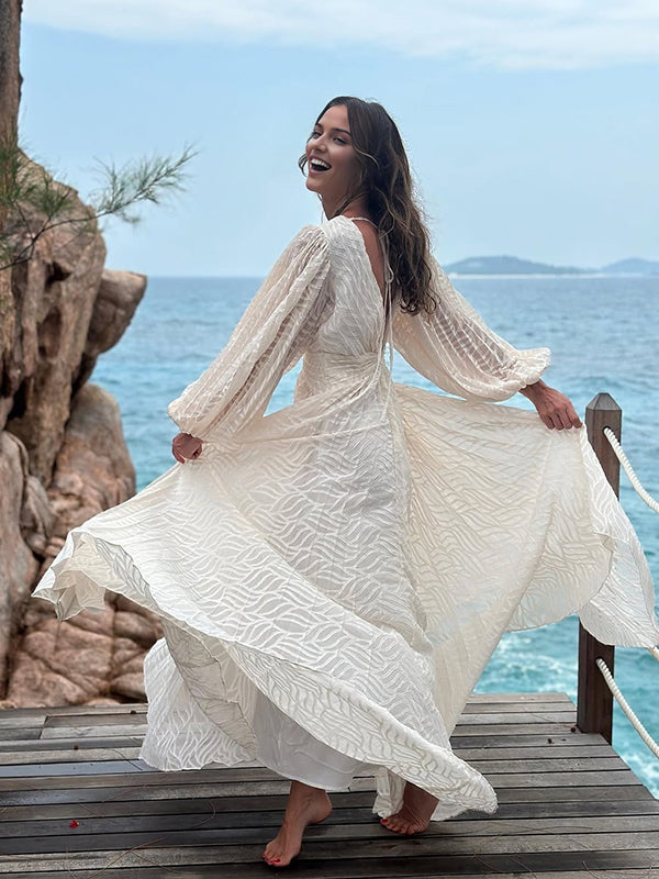 Mumsmode Elegant Ceremonie Bruiloft Rugloos Geplooid Vloeibaarheid Lantaarn Mouw Maxi Jurk