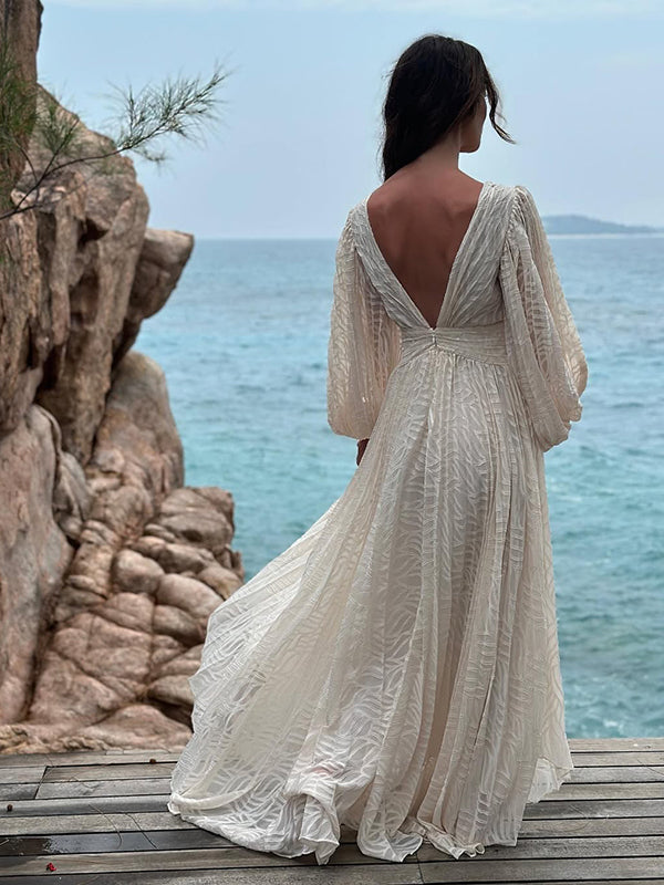 Mumsmode Elegant Ceremonie Bruiloft Rugloos Geplooid Vloeibaarheid Lantaarn Mouw Maxi Jurk