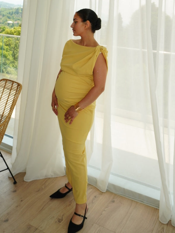 Mumsmode Zwangerschaps Maxi Bodycon Jurk Chique Cocktail Gekreukt Bodycon Geel