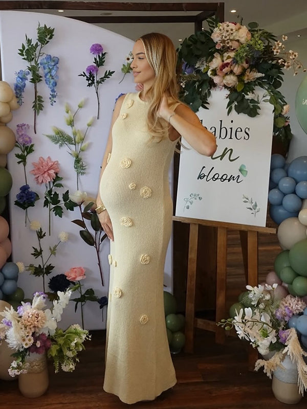 Mumsmode Zwangerschaps Maxi Babyshower Jurk Chique 3D Bloemen Gebreide Beige
