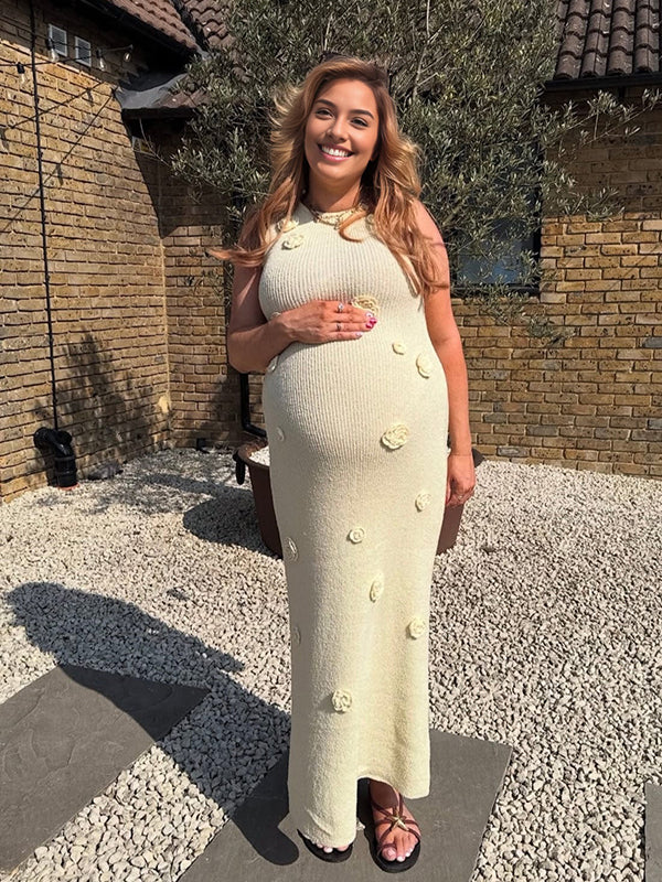 Mumsmode Zwangerschaps Maxi Babyshower Jurk Chique 3D Bloemen Gebreide Beige