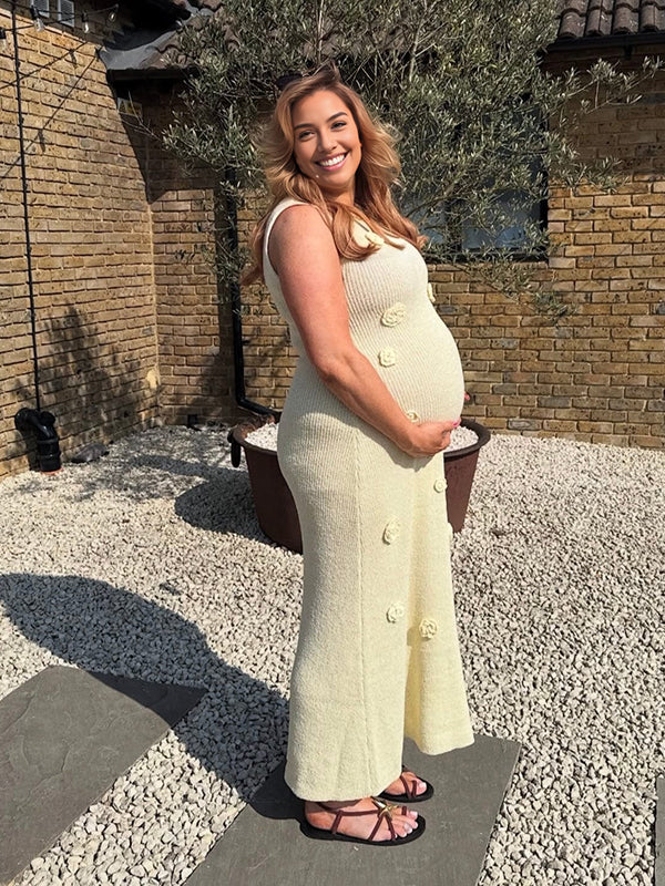 Mumsmode Zwangerschaps Maxi Babyshower Jurk Chique 3D Bloemen Gebreide Beige