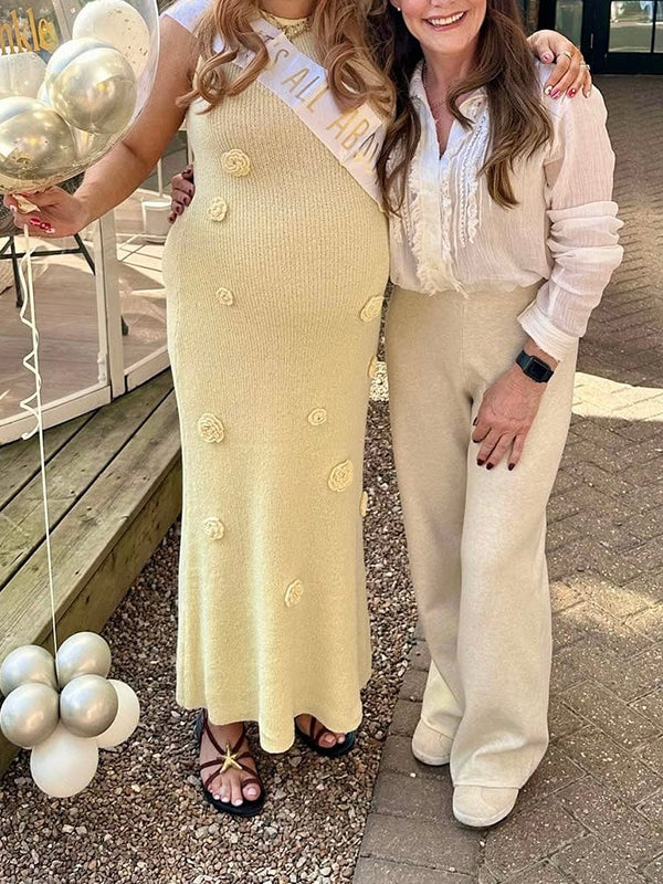 Mumsmode Zwangerschaps Maxi Babyshower Jurk Chique 3D Bloemen Gebreide Beige