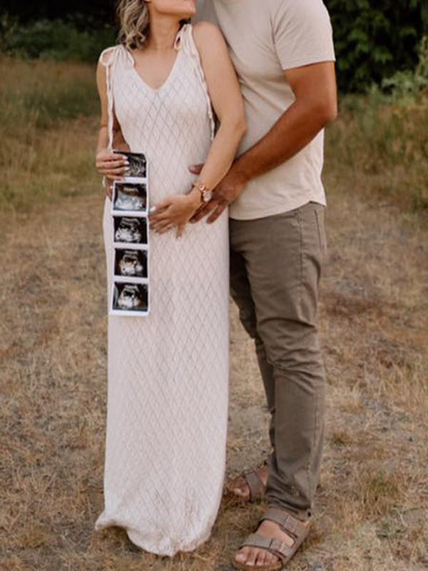 Mumsmode Zwangerschaps Maxi Fotoshoot Jurk Boheems Gebreide Spaghetti Vlinderdas Beige