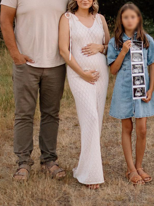 Mumsmode Zwangerschaps Maxi Fotoshoot Jurk Boheems Gebreide Spaghetti Vlinderdas Beige