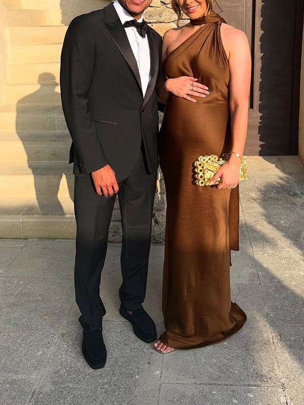 Mumsmode Zwangerschaps Maxi Avond Jurk Ceremonie Satijn Lintje Rugloos Halternek