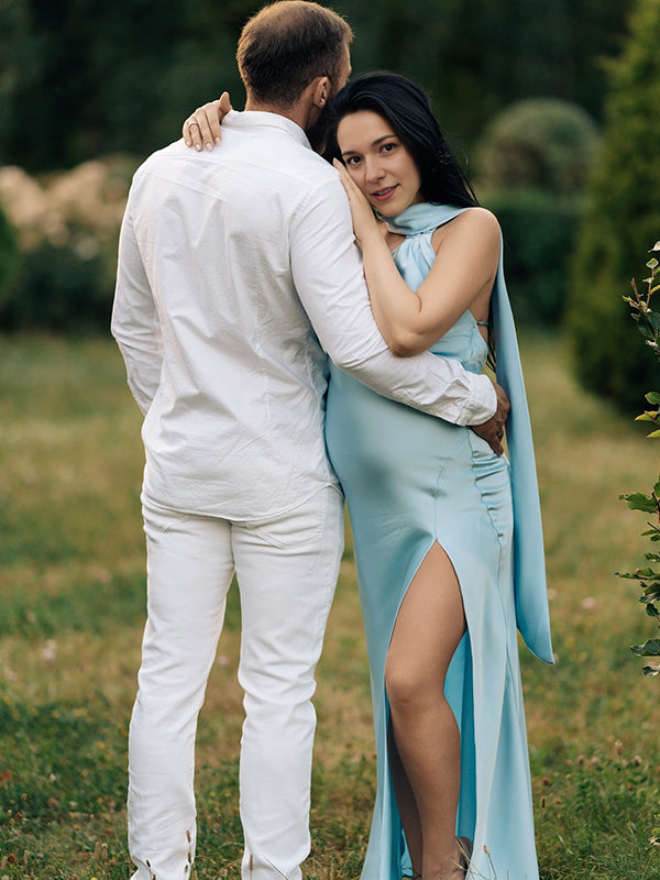 Mumsmode Zwangerschaps Maxi Fotoshoot Jurk Elegant Lintje Rugloos Zijsplit