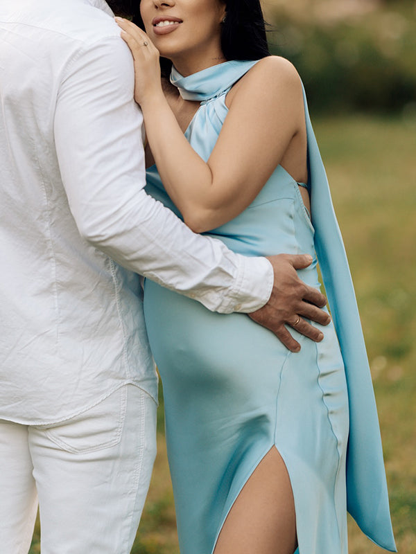 Mumsmode Zwangerschaps Maxi Fotoshoot Jurk Elegant Lintje Rugloos Zijsplit