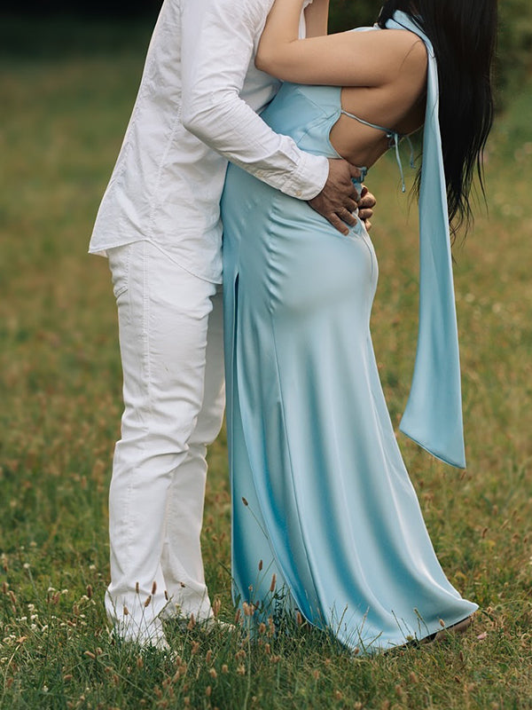 Mumsmode Zwangerschaps Maxi Fotoshoot Jurk Elegant Lintje Rugloos Zijsplit
