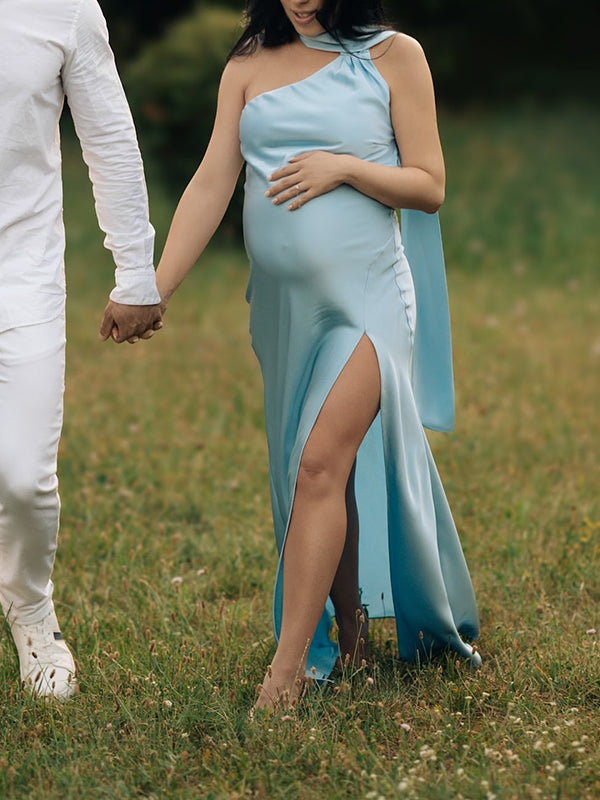 Mumsmode Zwangerschaps Maxi Fotoshoot Jurk Elegant Lintje Rugloos Zijsplit