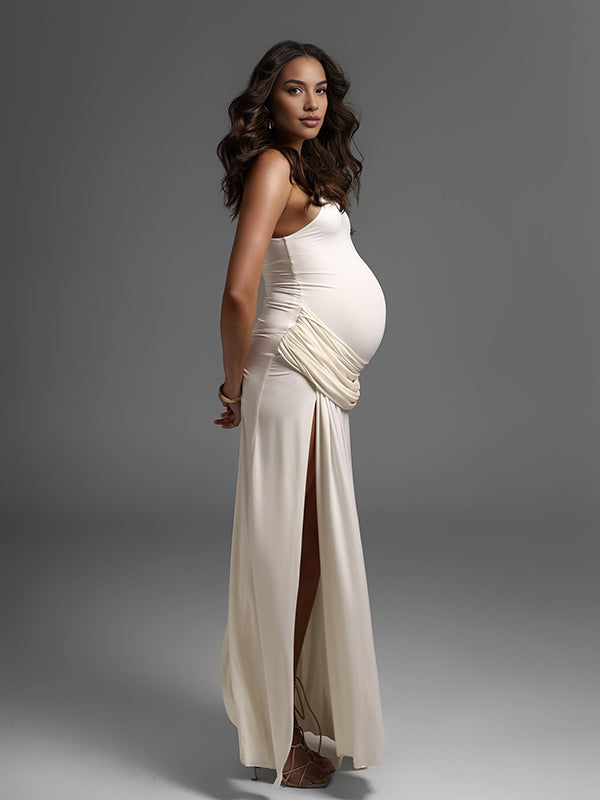 Mumsmode Zwangerschaps Maxi Fotoshoot Jurk Elegant Gekreukt Zijsplit Gedrapeerd
