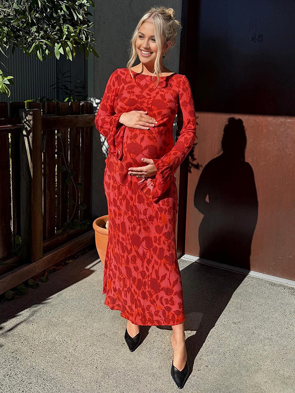 Mumsmode Zwangerschaps Maxi Avond Jurk Ceremonie Bloemenprint Gedrapeerd Flare Mouw