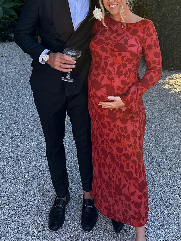 Mumsmode Zwangerschaps Maxi Avond Jurk Ceremonie Bloemenprint Gedrapeerd Flare Mouw