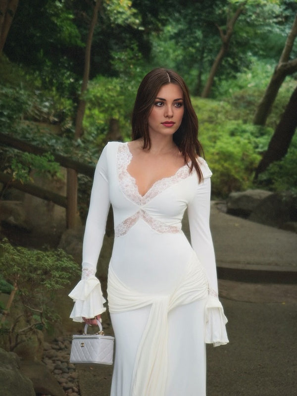 Mumsmode Elegant Chique Ceremonie Patchwork Kanten Lintje Stropdas Flare Mouw Maxi Jurk