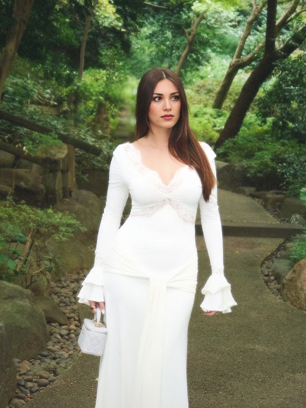 Mumsmode Elegant Chique Ceremonie Patchwork Kanten Lintje Stropdas Flare Mouw Maxi Jurk