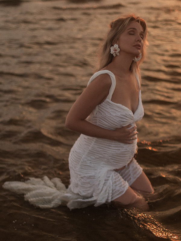 Mumsmode Zwangerschaps Maxi Fotoshoot Jurk Chique Ripped Ruches Onregelmatig Rugloos