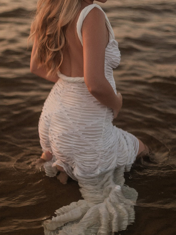 Mumsmode Zwangerschaps Maxi Fotoshoot Jurk Chique Ripped Ruches Onregelmatig Rugloos