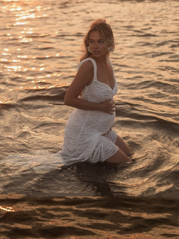 Mumsmode Zwangerschaps Maxi Fotoshoot Jurk Chique Ripped Ruches Onregelmatig Rugloos