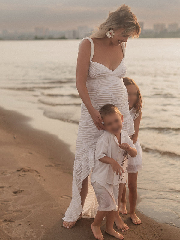 Mumsmode Zwangerschaps Maxi Fotoshoot Jurk Chique Ripped Ruches Onregelmatig Rugloos