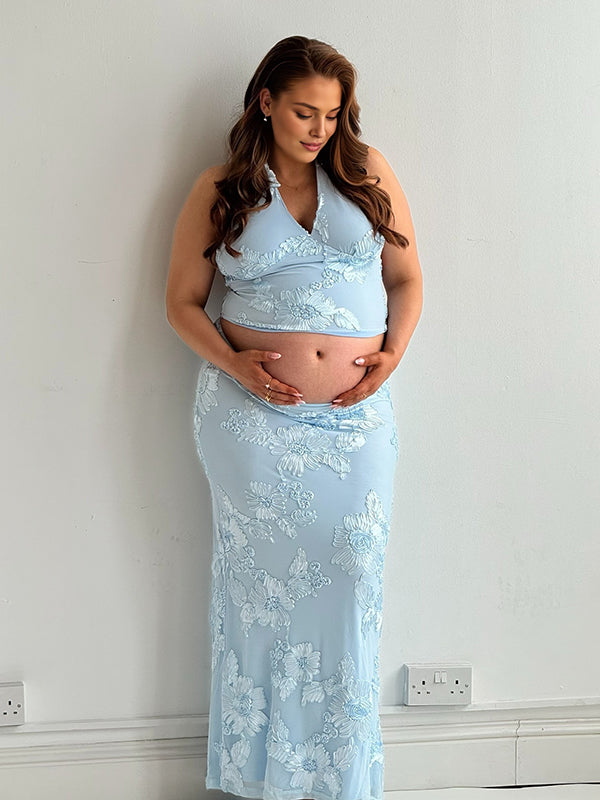 Mumsmode Zwangerschaps Maxi Cocktailjurk Chique Ceremonie 2-in-1 Borduursel Rugloos Bodycon